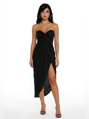 OW black linen twist front strapless coverup dress size XS EUC